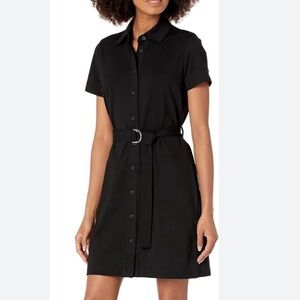 CLUB MONACO Black Ponte Knit Belted Button Front Mini Shirt Dress L
